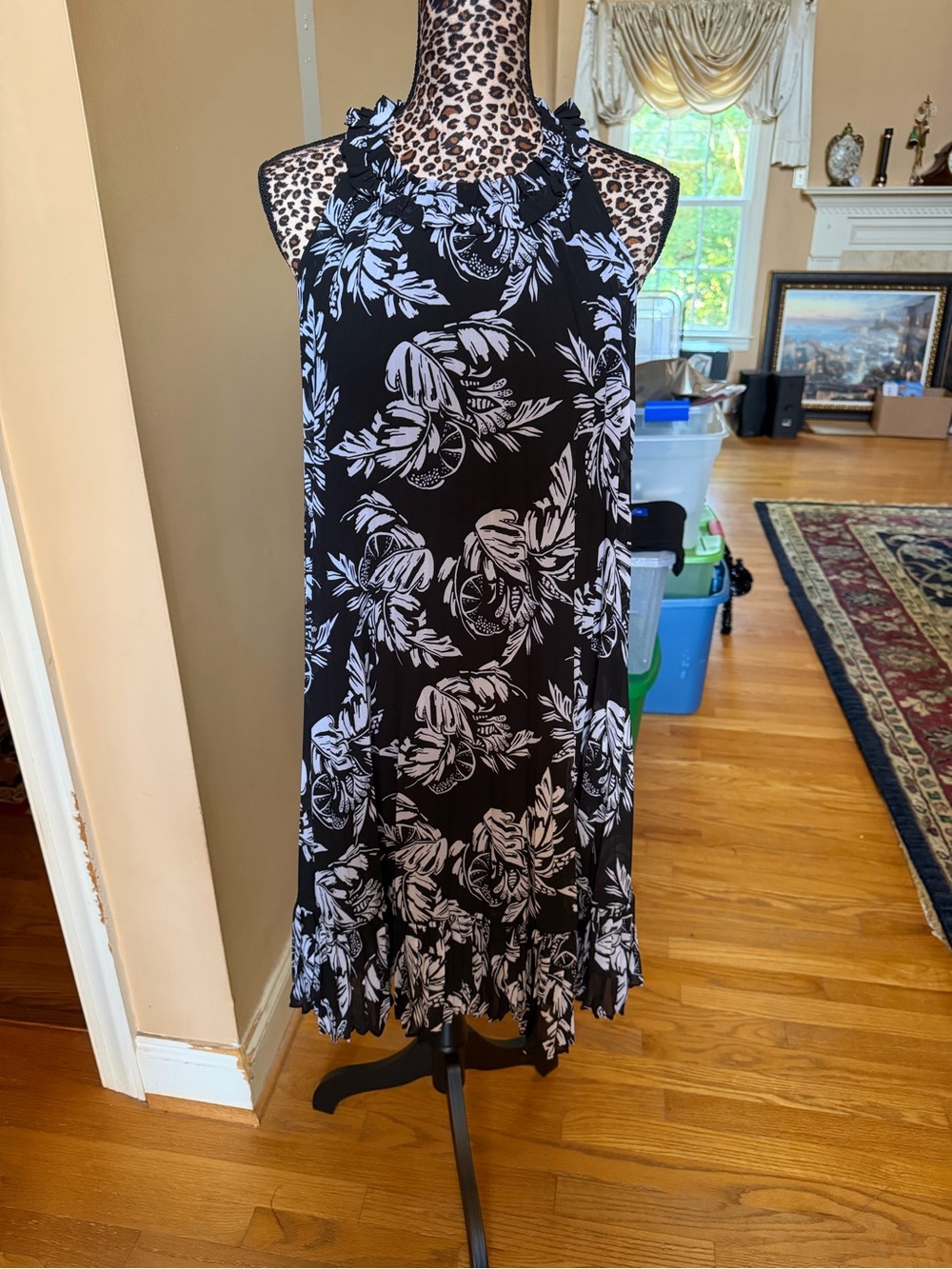 crown & ivy Black and White Floral Ruffled Halter Midi Dress